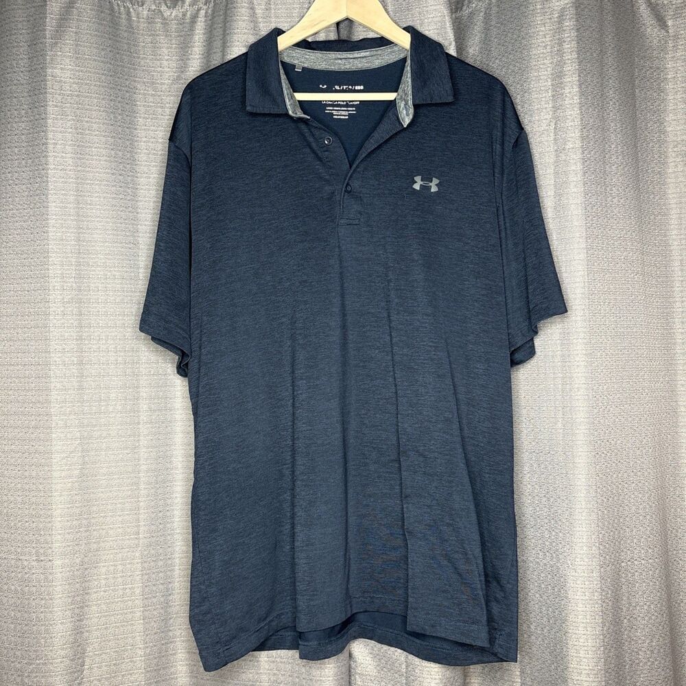 Under Armour Mens XXL Blue Gray Short Sleeve Golf Polo Shirt Heat Gear
